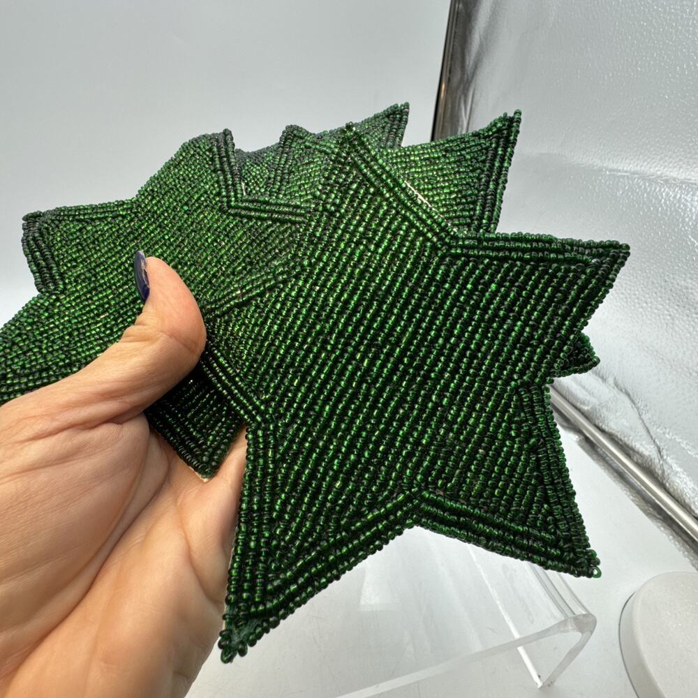 4 Trillium Design Imports Coasters Green Christmas Star Beaded NWT